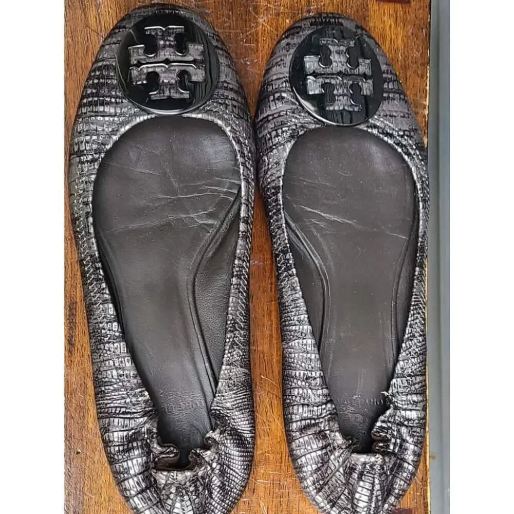Tory Burch Reva Black Silver Snake Print Leather Ballet Flats size 8M